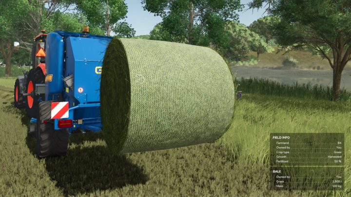 fs25-mods, Tractor in FS25 with liftable hay bale using Liftable Pallets And Bales mod.