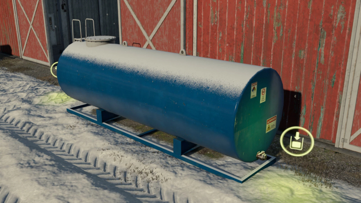 fs25-mods, FS25 mod Liquid Fertilizer Tank v1.0.0.0 near red barn, surrounded by snow. Ideal for Farming Simulator 25 enthusiasts.