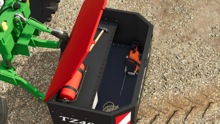 fs25-mods, FS25 mod Lizard TZ400 v1.0.0.0 showing an open toolbox with a chainsaw and tools attached to a green tractor.