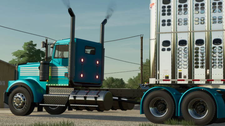 fs22-mods, Blue Lizard W900 B truck mod in FS22 with trailer, rear view.