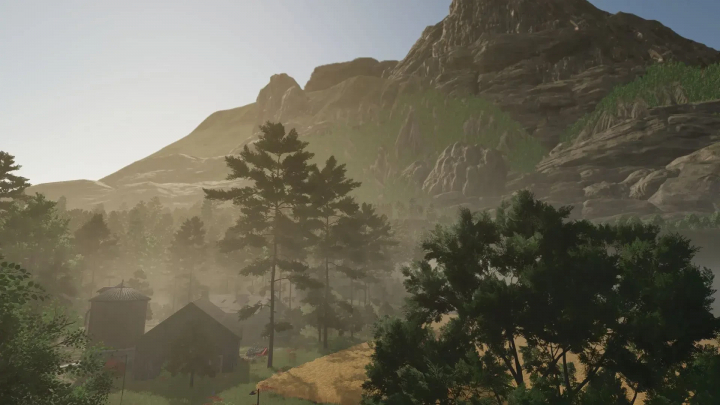 fs25-mods,  FS25 LoneHills Map v1.0.0.0 features a scenic view of a misty valley with lush trees and towering mountains.