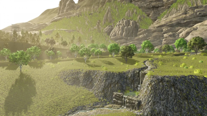 fs25-mods,  LoneHills Map v1.0.3.0 in FS25 features lush landscapes with trees and cliffs, enhancing Farming Simulator 25 mods.