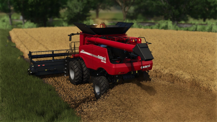 fs25-mods,  FS25 mod: MacDon PowerFlow 30FT harvesting wheat with red Case IH combine in Farming Simulator 25.