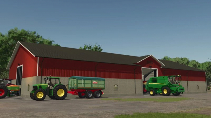 fs25-mods, FS25 mod Machine Hall 50x20 showcasing tractors and a harvester outside a red barn.