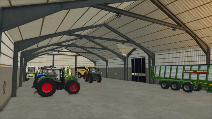 fs25-mods,  FS25 mod Machinehall 50x20 v1.0.0.0 showcasing tractors and machinery inside the spacious metal structure.