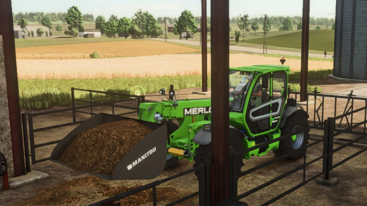 fs25-mods,  FS25 mod: Manitou Agri Shovel v1.0.0.0 in use with green Merlo loader, transporting materials in a farm setting.