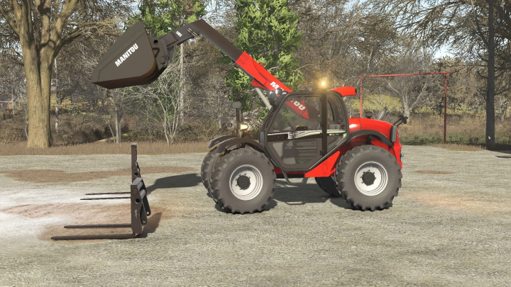 fs25-mods,  FS25 mod Manitou MLT 629 v1.0.0.0 telehandler in park setting, showcasing its red design and attachments.