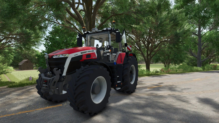 fs25-mods,  Massey Ferguson 9S tractor mod in Farming Simulator 25, depicted on a country road with lush greenery. FS25 mods enhance gameplay visuals.