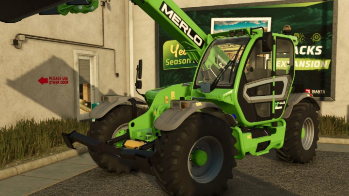 fs25-mods,  Merlo 449 v1.0.0.0 FS25 mod showcasing a green telehandler parked outdoors in Farming Simulator 25.