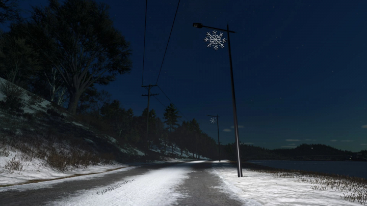 fs25-mods,  FS25 mods: Snowy road with modern Christmas floor lamp and snowflake decoration at night in Farming Simulator 25.