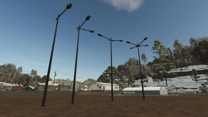 fs25-mods,  Modern Floor Lamp Pack v1.0.0.0 in FS25, featuring tall lamps against a rural backdrop.