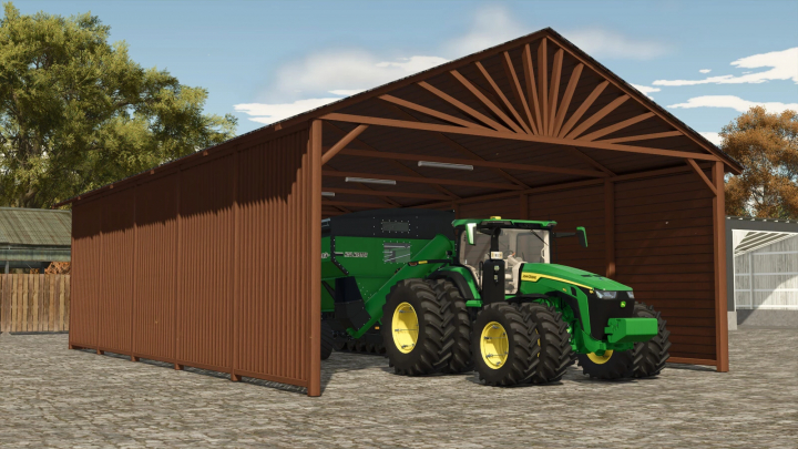 fs25-mods,  Modern Wooden Shed mod in FS25 housing green tractor, enhancing Farming Simulator 25 gameplay.