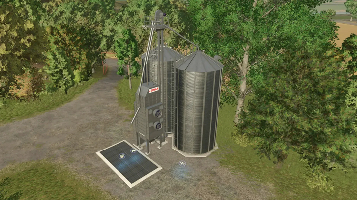 fs25-mods, FS25 mod Multisilo and Production v1.0.0.0 showing silos in a forest setting.