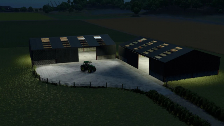 fs25-mods,  NI Farm Yard mod for Farming Simulator 25 featuring a well-lit farmyard with a tractor at night.