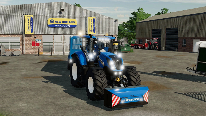 fs22-mods,  FS22 mod New Holland SWB Edit features a blue tractor in front of New Holland Agriculture building.