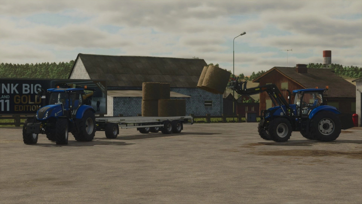 fs25-mods, New Holland T6 tractor in FS25 mod transporting hay bales on a farm.