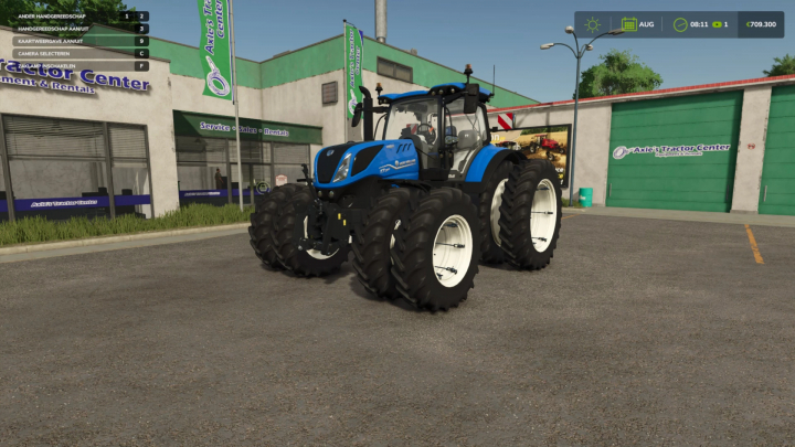 fs25-mods,  FS25 mod showing a New Holland T7 tractor with increased horsepower, parked at a tractor center.