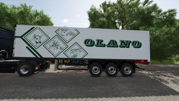 fs25-mods,  OLANO semi-trailer mod for FS25 featuring livestock and produce designs against a backdrop of trees.