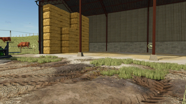 fs25-mods,  Old Storage Shed mod for FS25 with hay bales and cows in the field.