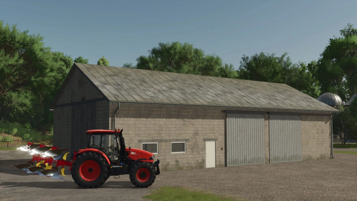 fs25-mods,  Old Warehouse mod in Farming Simulator 25 with red tractor parked outside.