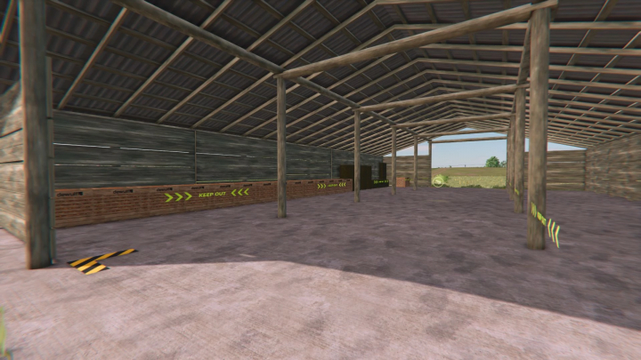 fs25-mods,  Image of Old Wooden Shed mod in Farming Simulator 25, showcasing an open interior with wooden beams and metal roofing.