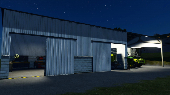 fs25-mods,  Night view of an open building in FS25 with a tractor parked inside, featured in the Open Building v1.0.0.0 mod.