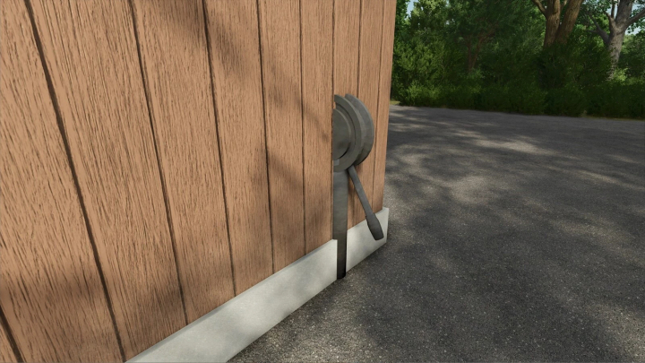 fs25-mods,  Open Sheds v1.0.0.0 mod for FS25 showing a wooden shed wall with a latch handle, part of Farming Simulator 25 mods.