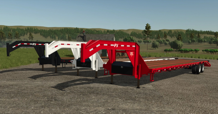 fs25-mods,  FS25 PJ 40FT FlatDeck Trailer mod v1.1.0.0 featuring black, white, and red trailers parked in a rural landscape.