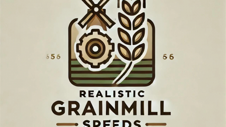 fs25-mods,  Logo of Realistic GrainMill Processing Speeds mod for Farming Simulator 25 featuring a gear, windmill, and wheat graphic.