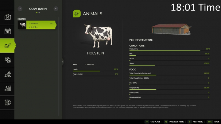 fs25-mods, FS25 mod Realistic Milking Times showing cow barn details with Holstein cow stats at 18:01 game time.