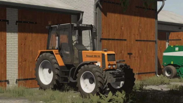 fs25-mods,  Renault 106-54 tractor mod in FS25 parked by a barn.