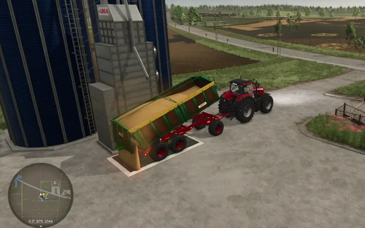 fs25-mods,  FS25 mod Retro Kröger HKD 402, 3-axle trailer unloading grain by a tractor at a silo.