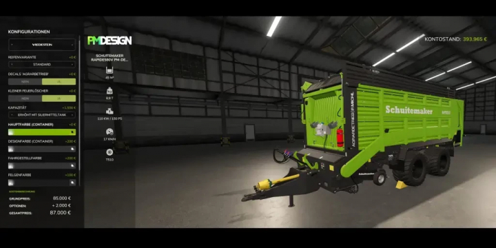 fs25-mods,  Schuitemaker Rapide 580V Individual mod in FS25 showing customization menu and green trailer design.