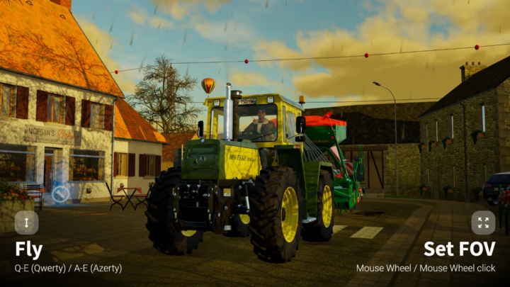 fs22-mods, FS22 mod Screenshot Mode v2.0.0.0 featuring a tractor in a village with fly and FOV settings displayed.