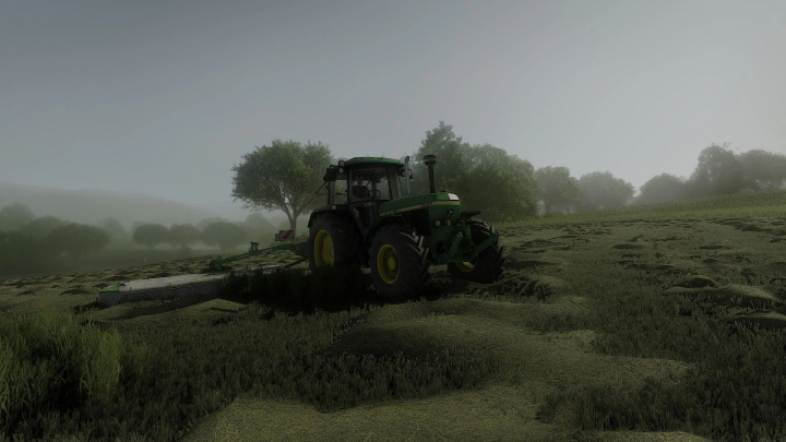 fs25-mods,  FS25 Shadery mod v1.0.0.0: Tractor in a misty field with enhanced lighting effects.