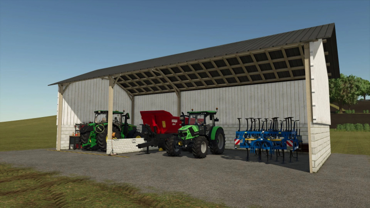 fs25-mods,  FS25 mods: Sheet Metal Building v1.0.0.0 with tractors and farming equipment inside.