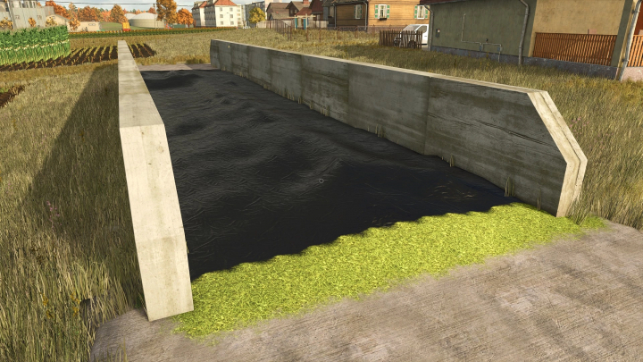 fs25-mods,  Silage pit with Silage Sheet Texture mod in Farming Simulator 25; concrete walls and black sheet cover on grass.