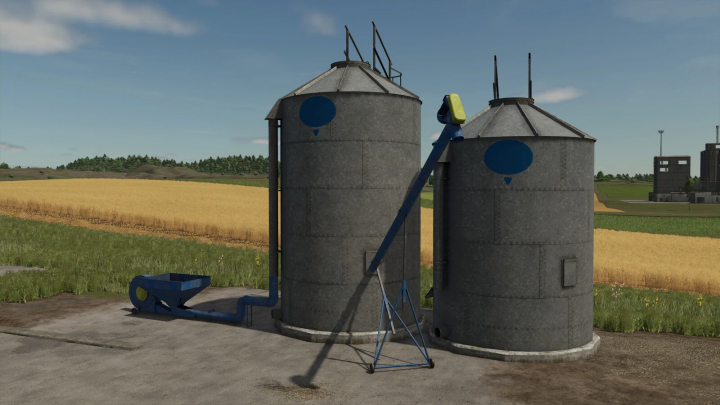 fs25-mods,  Small Grain Silos Pack in FS25 mod, featuring two metal silos in a field landscape.