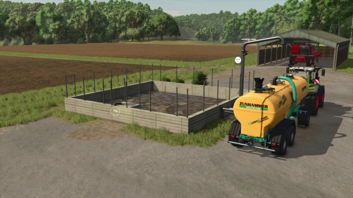 fs25-mods,  Square Slurry Storage mod in FS25 with a tractor and tank beside a concrete pit on a farm.