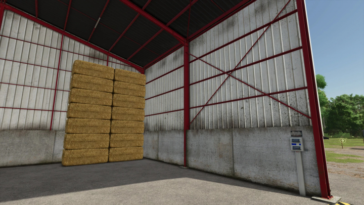 fs25-mods,  FS25 mod Straw Storage v1.0.0.0 featuring stacked hay bales inside metal barn.