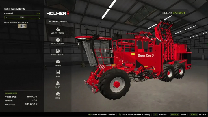 fs25-mods,  FS25 mod Terra Dos Pack Multifruits v1.0.0.0 showcasing the red Terra Dos 5 harvester in a garage setting.