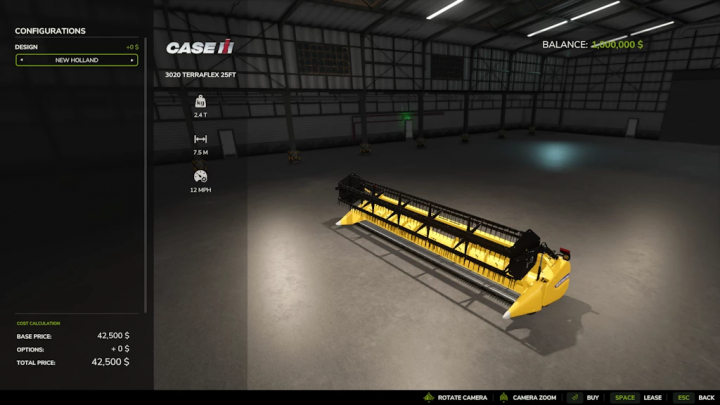 fs25-mods,  FS25 mod Terra Flex Pack 1.0.0.0 featuring a yellow CASE IH 3020 TerraFlex 25FT harvester in a warehouse.