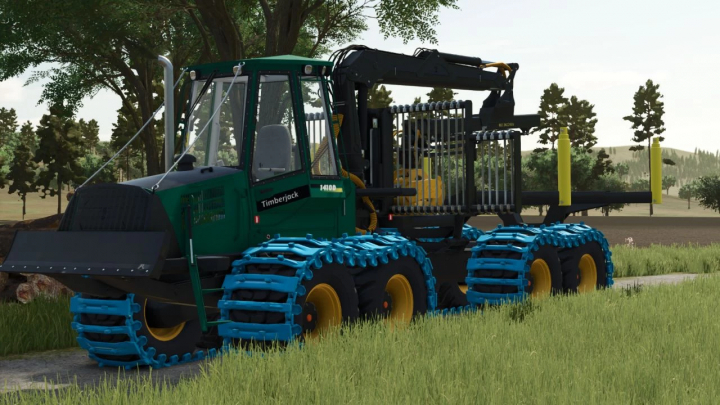 fs25-mods, Timerjack 1410D v1.0.0.0 mod in FS25, a logging forwarder with blue tires in a forest setting.