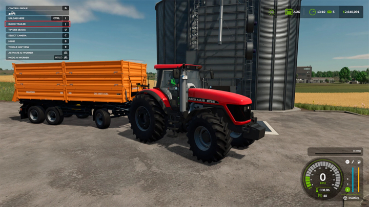 fs25-mods,  Red tractor with orange trailer near silo in FS25 mod Trailer Axle Blocker v1.0.0.0.