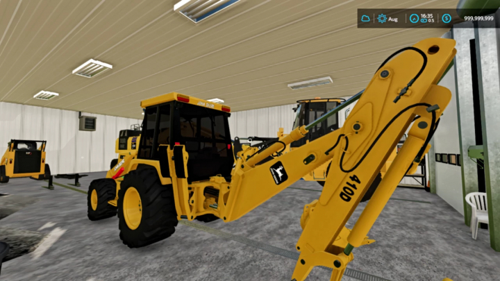 fs22-mods, A yellow John Deere backhoe mod in a garage from FS22.