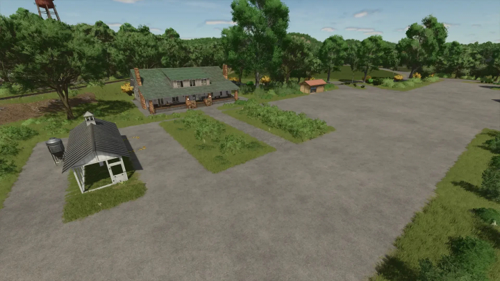 fs25-mods,  Volksbend Map v1.0.0.0 in FS25 showing a rural house, trees, and a shed in Farming Simulator 25 mods.