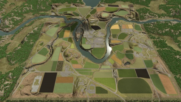 fs25-mods,  Aerial view of Volksbend Map v1.0.0.1 in FS25 showcasing diverse farmland and a winding river in Farming Simulator 25 mods.