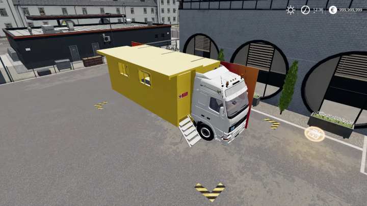 fs22-mods,  FS22 mod Volvo v1.0.0.0 features a truck parked near buildings in a Farming Simulator 22 setup.