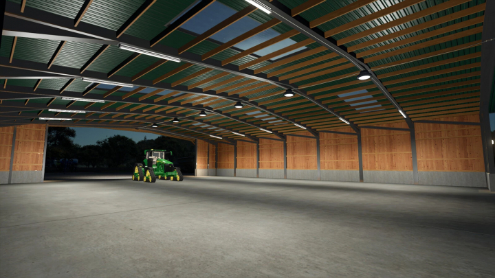 fs25-mods,  Wide Garage mod v1.0.0.0 in FS25 with a green tractor inside, featuring spacious interior and wooden walls.