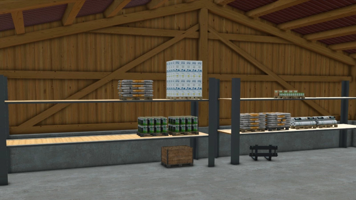 fs25-mods,  Wooden barn with storage shelves featuring various stored items in FS25 mod Woodbarn With Storage Shelves v1.0.0.0.